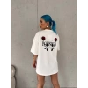 Unisex Bisiklet Yaka Baskılı Oversize Thirt  Beyaz