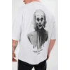 Unisex Bisiklet Yaka Baskılı Oversize Thirt  Beyaz