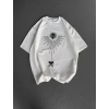 Unisex Bisiklet Yaka Baskılı Oversize Thirt  Beyaz