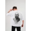 Unisex Bisiklet Yaka Baskılı Oversize Thirt  Beyaz