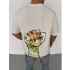 Unisex Bisiklet Yaka Baskılı Oversize Thirt  Beyaz