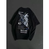 Unisex Bisiklet Yaka Baskılı Oversize Thirt  iyah