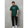 Unisex Bisiklet Yaka Baskılı Oversize Thirt  Yeşil