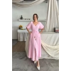 V YAKA BEL BONCUK BAĞLAMALI MÜLİN ELBİE YIRTMAÇ DETAYLI  Pembe