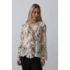 Volanlı Çiçek Desen Şifon Gömlek  Krem
