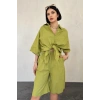 Yağ Yeşili Kısa Kollu Keten Gömlek Ve Şort Takım