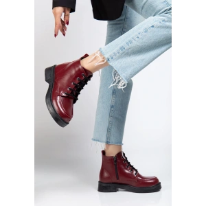 02-2001 Bordo Kırışık Rugan Bağcıklı Fermuarlı Günlük Kadın Bot