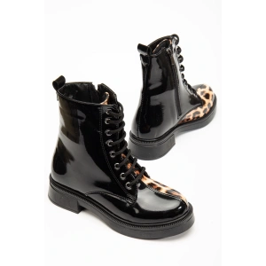 02-3055 Siyah Rugan Leopar Bağcıklı Fermuarlı Günlük Kadın Bot