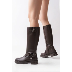 02-312 Kahverengi Toka Aksesuarlı Fermuarlı Günlük Kadın Çizme