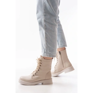 02-356 Bej Düz Topuklu Bağcıklı Fermuarlı Günlük Kadın Bot