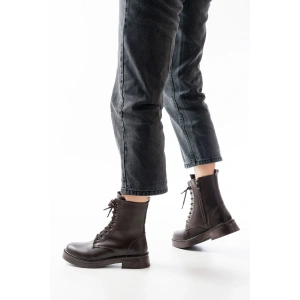 02-356 Kahve Düz Topuklu Bağcıklı Fermuarlı Günlük Kadın Bot