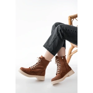 02-356 Taba Süet Düz Topuklu Bağcıklı Fermuarlı Günlük Kadın Bot