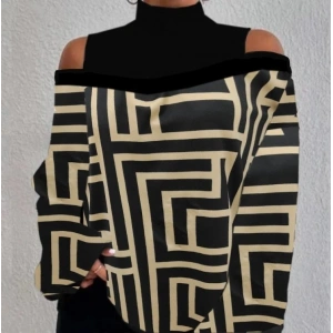 0Kadın Uzun Kollu Balıkçı Yaka Omuz Pencereli Labirent Dijital Baskılı şardonlu Dalgıçsalaş Bluz