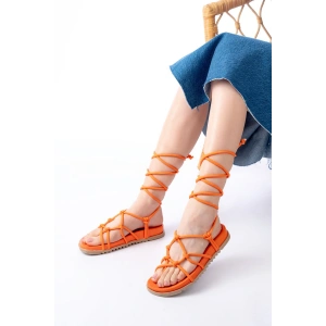 1001-1001 Orange Bilekten Bağcıklı Kadın Sandalet