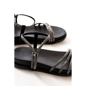 1001-1100 Siyah Platin Taşlı Günlük Kadın Sandalet