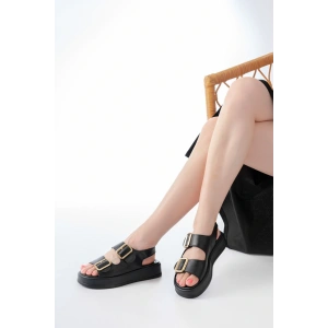 1187 Siyah Dolgu Topuk Lastik Baretli  Kadın Sandalet
