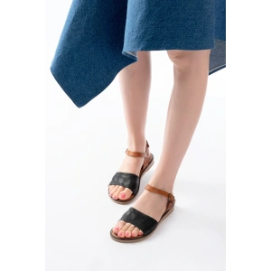 205-012 Siyah Ortopedik Hakiki Deri Kadın Sandalet