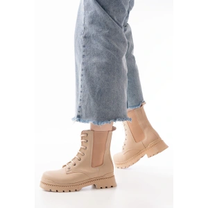 2051-298 Bej Düz Topuklu Bağcıklı Lastikli Günlük Kadın Bot