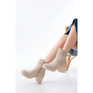 5109-3027 Bej Topuklu Fermuarlı Günlük Kadın Bot