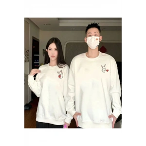 Tavşan Baskılı evgili Çift Kombini Kapüşonlu weatshirt  Hodie  Beyaz