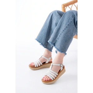 730-142 Beyaz Hakiki Deri Ortopedik Taban Kadın Sandalet