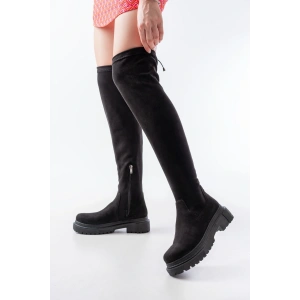 812-2194 Siyah Süet Fermuarlı Diz Üstü Bağcıklı Çorap Günlük Kadın Çizme