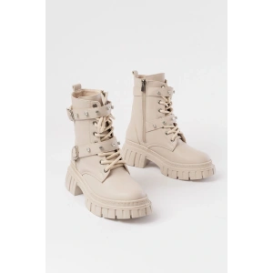 842-03 Bej Bağcıklı Kalın Tabanlı Bağcıklı Fermuarlı Günlük Kadın Bot