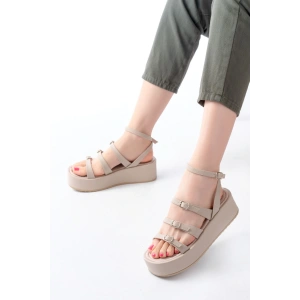 861-1222 Bej Tokalı Bilekten Bağlamalı Dolgu Kadın Sandalet