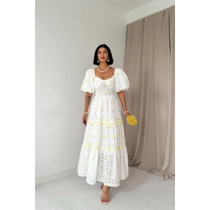 Sarı Dantel Detaylı Brode Elbise