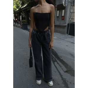 Arkadan Yırtmaçlı Jeans Kot Palazzo Pantolon  iyah