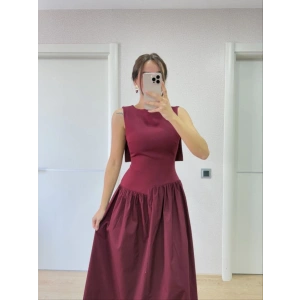 Arkası Kanatlı Uzun Elbise Bordo