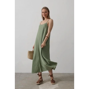 Askılı Uzun Çan Elbise  Haki