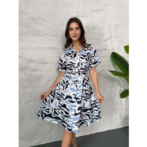 Baskılı Keten Elbise  Lacivert