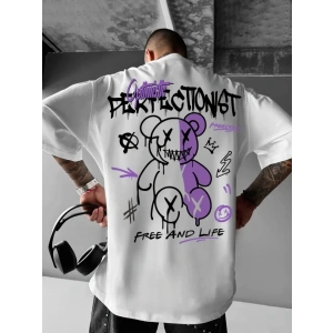 Baskılı Oversize Bisiklet Yaka Tshirt  Beyaz