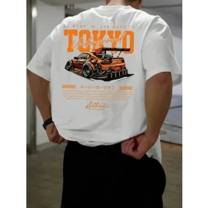 Baskılı Oversize Bisiklet Yaka Tshirt  Beyaz