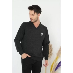 Baskılı V Yaka Uzun Kol Dokuma Triko  Füme