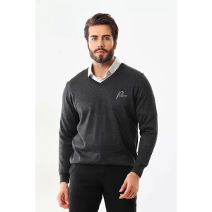 Baskılı V Yaka Uzun Kol Dokuma Triko  Füme