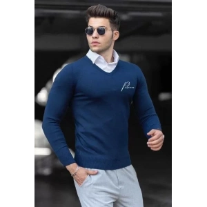 Baskılı V Yaka Uzun Kol Dokuma Triko  Indigo