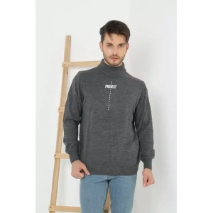 Baskılı Yarım Boğazlı Uzun Kol Dokuma Triko  Füme