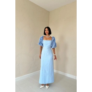 Bebe Mavi İşlemeli Kolu Garnili Elbise