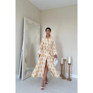 Bej Desenli Ve Önü Düğmeli Keten Elbise