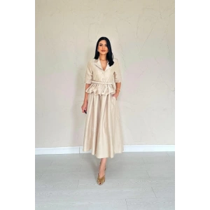 Bej İnce Kemerli Fırfırlı Ceket Ve Büzgülü Etek Takım