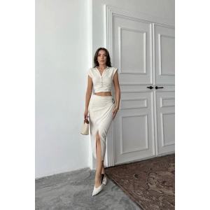 Bej Keten Gömlek Ve Etek Takım