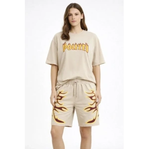 Bej Oversize Baskılı Tişört Şort Takım Cepli Şort Yazlık Rahat Günlük Kombin  Bej