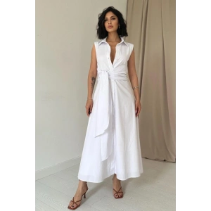 Beyaz Gömlek Yaka Bağlamalı Elbise