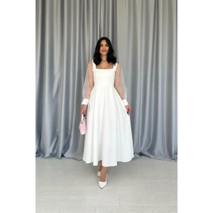 Beyaz Kolları Organze Kuplu Elbise