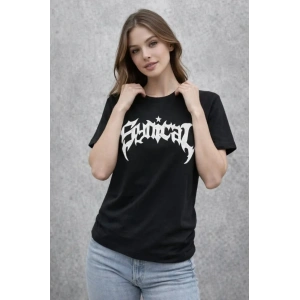 Bisiklet Yaka Ön Baskılı  Kısa Kollu Tişört treetwear Günlük Basic Pamuklu Tshirt  iyah