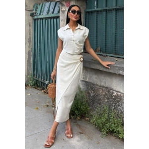 Bluzu Büzgülü Ve Eteği Tokalı Keten Takım 10204