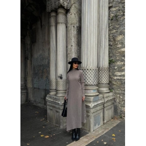 Boğazlı kalın bürümcük uzun elbise vizon