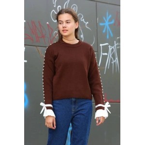 Boncuklu bile detaylı kazak kahve